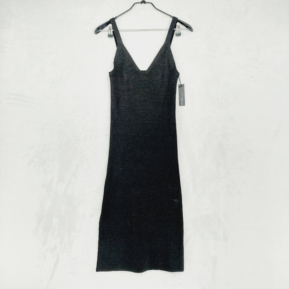 NEW 360 SWEATER Linen Blend Black Sleeveless V Neck Midi Dress P671 - Picture 1 of 8
